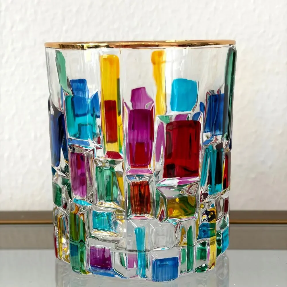 Hand Painted Italian Murano Crystal Whiskey Glasses 2pc 10oz Colorful Mosaic